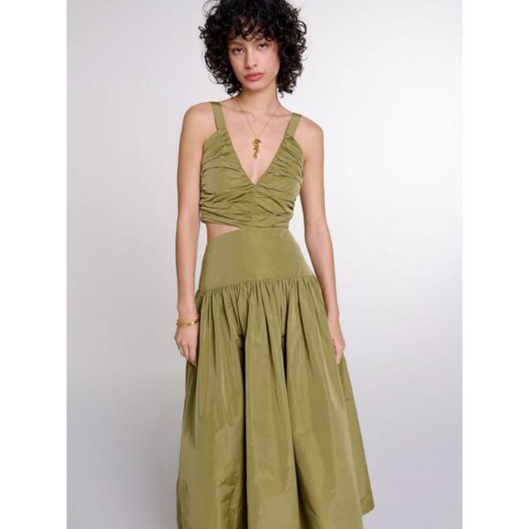 💕MAJE💕 Ruched Cutout Taffeta Dress ~ Kaki Army Green EU 34 NWOT - Picture 3 of 10